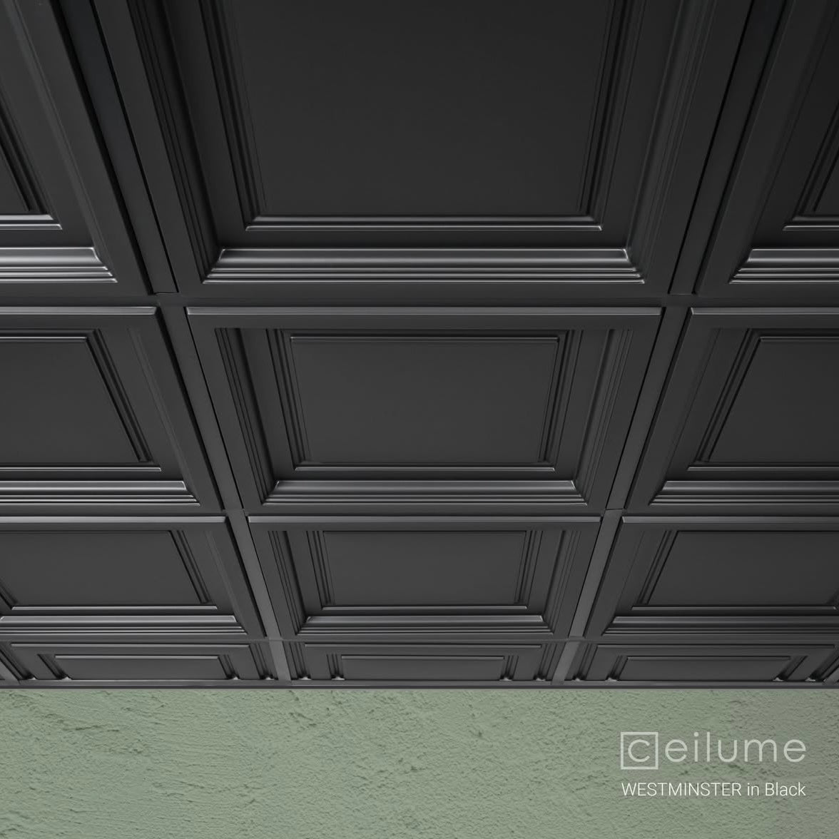 ceilume ceiling tiles, ceilume, westminster ceiling tiles, Ceilume westminster black, westminster coffered ceiling tiles, westminster vinyl ceiling tiles, basement drop ceiling, PVC Ceiling tiles, decorative drop ceiling panels